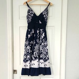 Navy and White Midi Cotton Dress L